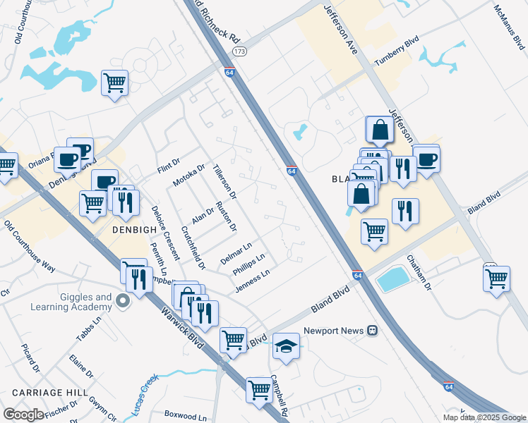 map of restaurants, bars, coffee shops, grocery stores, and more near 155 Delmar Lane in Newport News