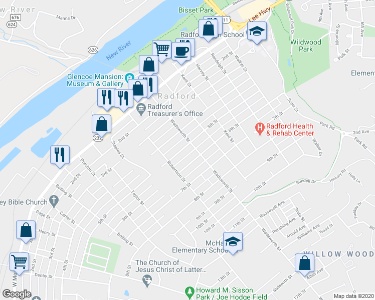 map of restaurants, bars, coffee shops, grocery stores, and more near 600 5th Street in Radford