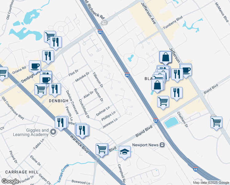 map of restaurants, bars, coffee shops, grocery stores, and more near 155 Delmar Lane in Newport News