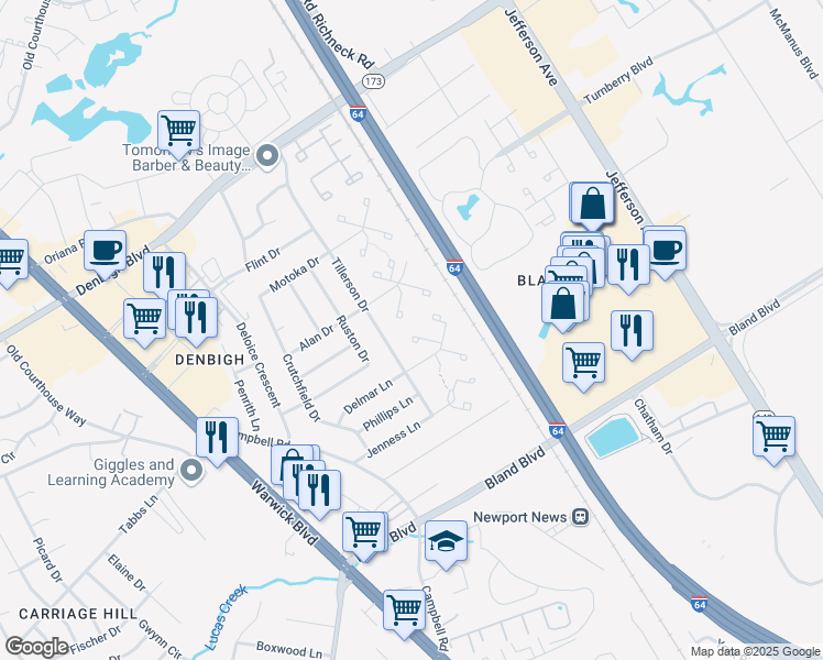 map of restaurants, bars, coffee shops, grocery stores, and more near 157 Delmar Lane in Newport News
