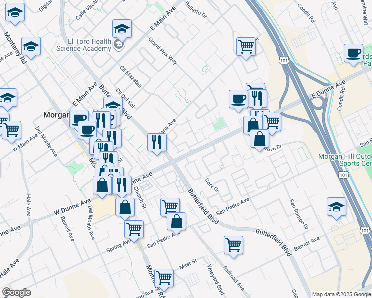 map of restaurants, bars, coffee shops, grocery stores, and more near 395 East Dunne Avenue in Morgan Hill