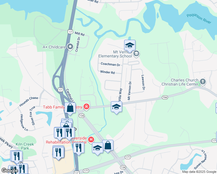 map of restaurants, bars, coffee shops, grocery stores, and more near 108 Camelot Crescent in Yorktown
