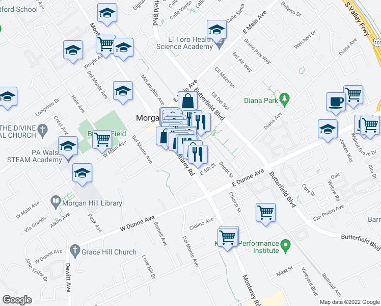 map of restaurants, bars, coffee shops, grocery stores, and more near 55 East 4th Street in Morgan Hill