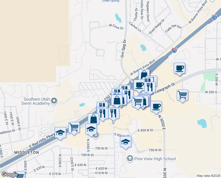 map of restaurants, bars, coffee shops, grocery stores, and more near 1150 West Red Hills Parkway in Washington