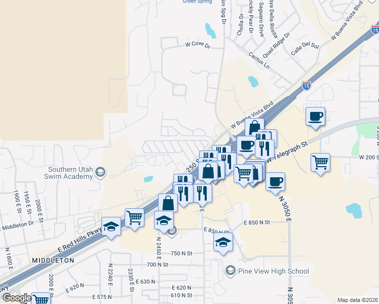map of restaurants, bars, coffee shops, grocery stores, and more near 1150 West Red Hills Parkway in Washington