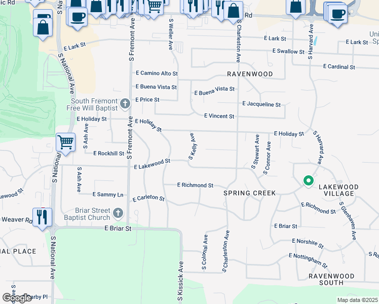 map of restaurants, bars, coffee shops, grocery stores, and more near 4715 South Kelly Avenue in Springfield