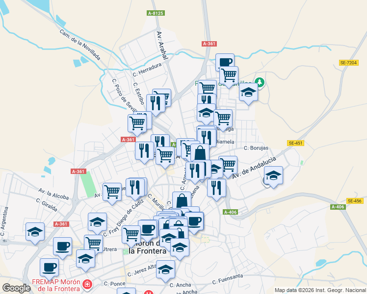 map of restaurants, bars, coffee shops, grocery stores, and more near 18 Avenida Pruna in Morón de la Frontera