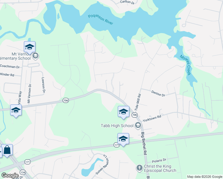 map of restaurants, bars, coffee shops, grocery stores, and more near 101Z Taylor Farm Lane in Yorktown