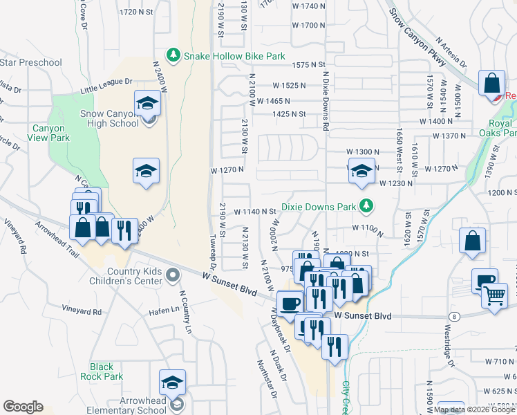 map of restaurants, bars, coffee shops, grocery stores, and more near 2102 1140 North Street in St. George
