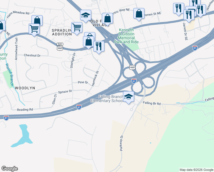 map of restaurants, bars, coffee shops, grocery stores, and more near 170 Kitty Lane in Christiansburg
