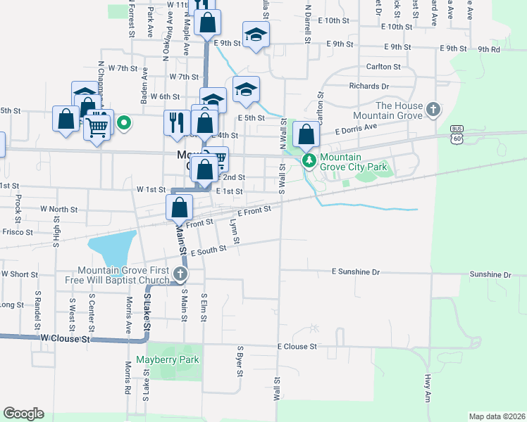 map of restaurants, bars, coffee shops, grocery stores, and more near 434 East Front Street in Mountain Grove