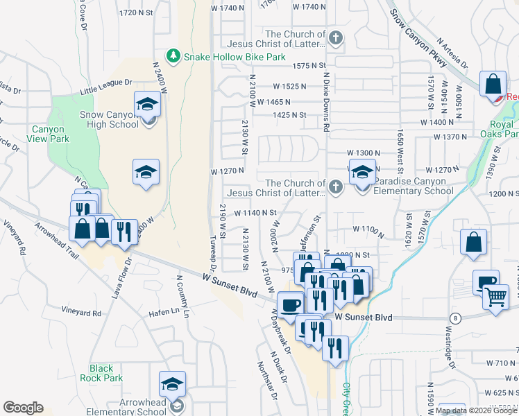 map of restaurants, bars, coffee shops, grocery stores, and more near 2102 West 1140 North in St. George