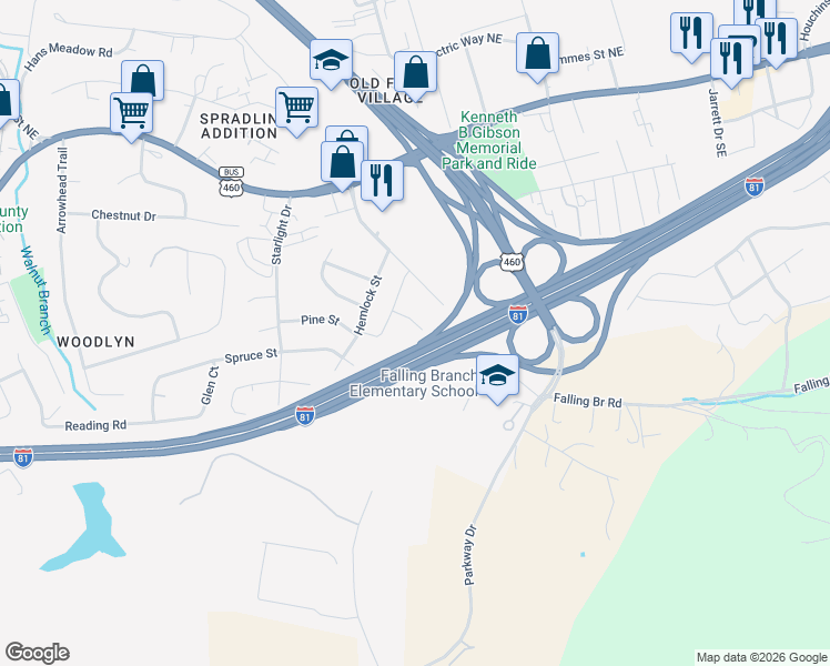 map of restaurants, bars, coffee shops, grocery stores, and more near 170 Kitty Lane in Christiansburg
