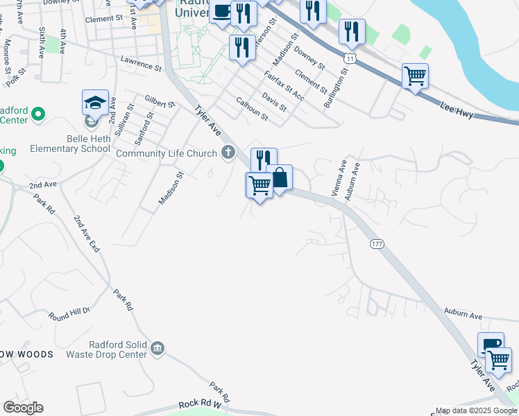 map of restaurants, bars, coffee shops, grocery stores, and more near 1200 Tyler Avenue in Radford