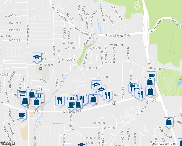 map of restaurants, bars, coffee shops, grocery stores, and more near 1161 North 1340 West Circle in Saint George