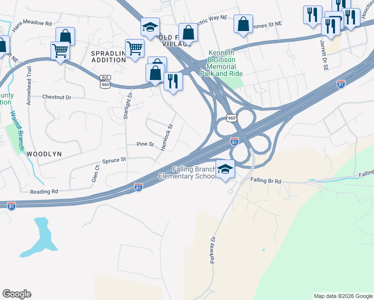 map of restaurants, bars, coffee shops, grocery stores, and more near 170 Kitty Lane in Christiansburg