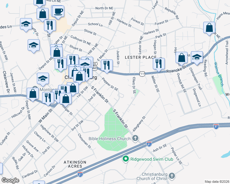 map of restaurants, bars, coffee shops, grocery stores, and more near 160 Darci Drive Southeast in Christiansburg