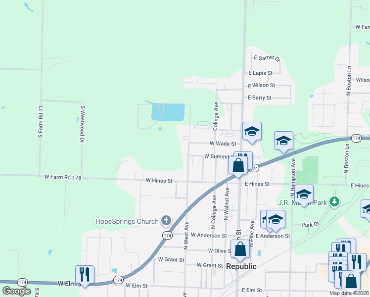 map of restaurants, bars, coffee shops, grocery stores, and more near 341 West Summit Street in Republic