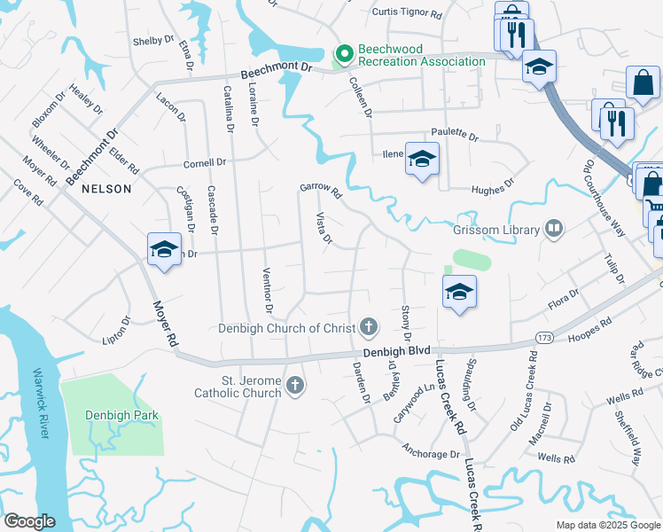 map of restaurants, bars, coffee shops, grocery stores, and more near 137 Clifton Court in Newport News