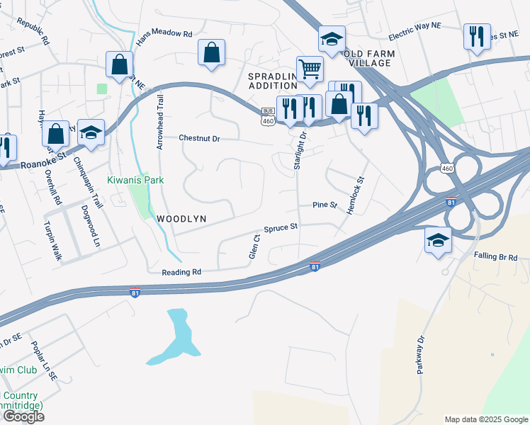 map of restaurants, bars, coffee shops, grocery stores, and more near 1210 Flint Drive in Christiansburg