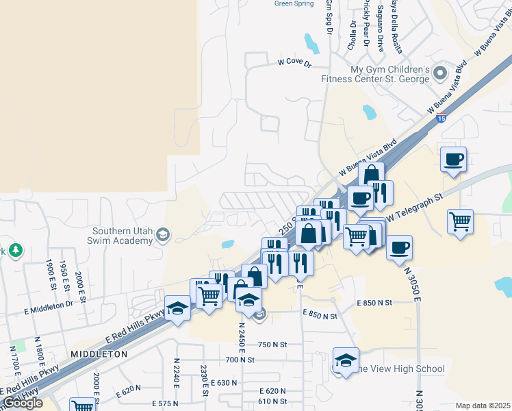 map of restaurants, bars, coffee shops, grocery stores, and more near 1150 West Red Hills Parkway in Washington