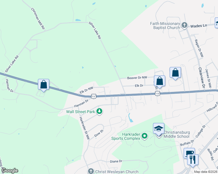 map of restaurants, bars, coffee shops, grocery stores, and more near 1201 Elk Drive Northwest in Christiansburg