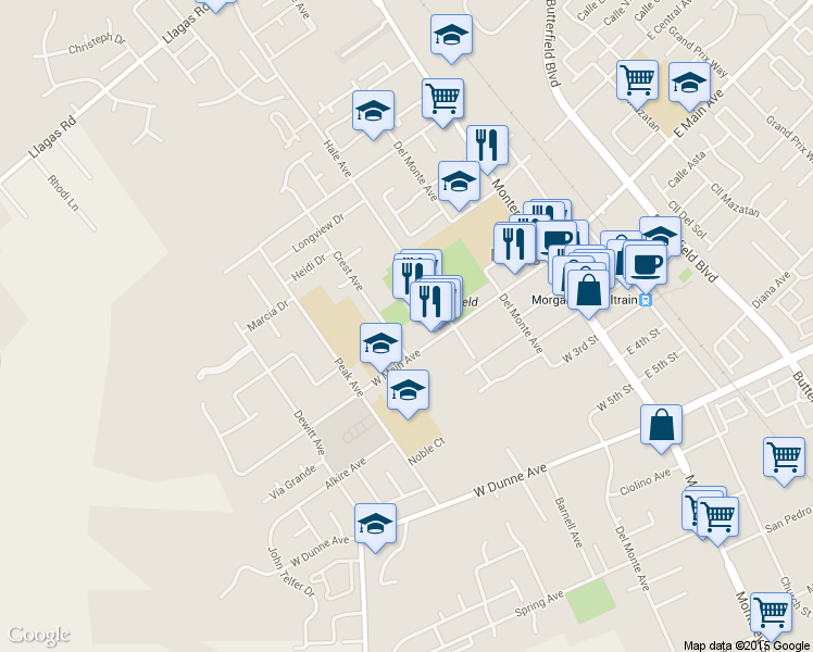 map of restaurants, bars, coffee shops, grocery stores, and more near 17646 Crest Avenue in Morgan Hill