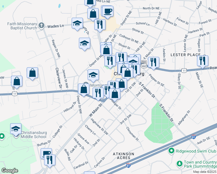 map of restaurants, bars, coffee shops, grocery stores, and more near 200 College Street in Christiansburg