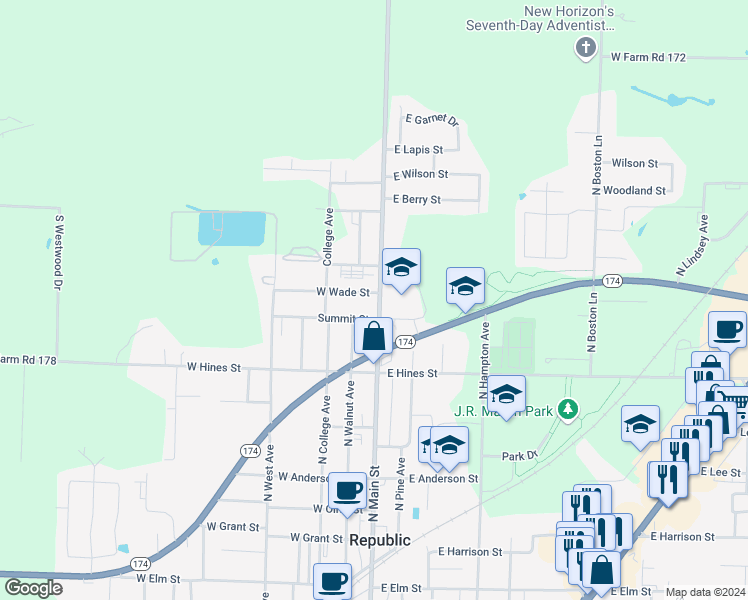 map of restaurants, bars, coffee shops, grocery stores, and more near 715 North Main Street in Republic