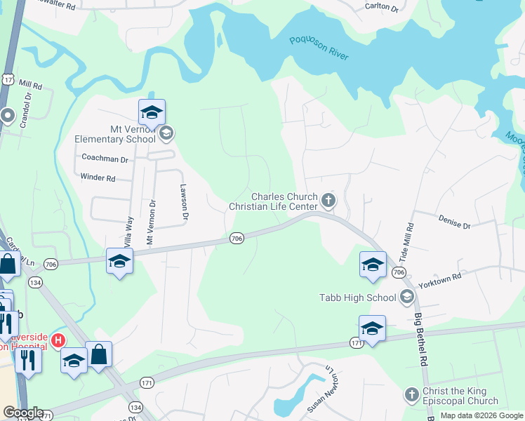 map of restaurants, bars, coffee shops, grocery stores, and more near 713 Yorktown Road in Yorktown