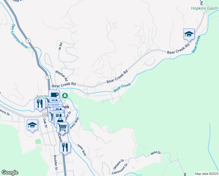 map of restaurants, bars, coffee shops, grocery stores, and more near 150 Lanktree Lane in Boulder Creek