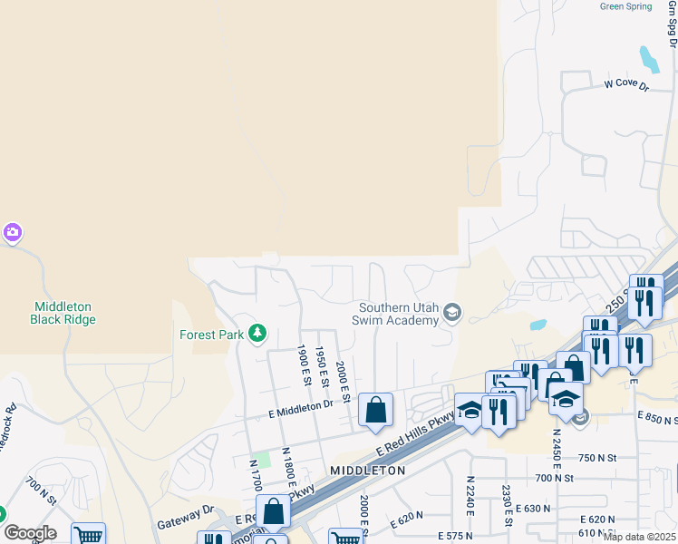 map of restaurants, bars, coffee shops, grocery stores, and more near 1976 E 1200 N Cir in St. George