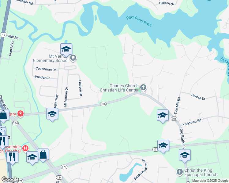 map of restaurants, bars, coffee shops, grocery stores, and more near 713 Yorktown Road in Yorktown
