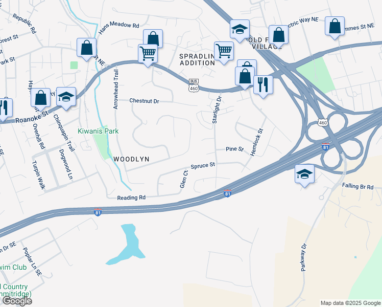 map of restaurants, bars, coffee shops, grocery stores, and more near 1210 Flint Drive in Christiansburg