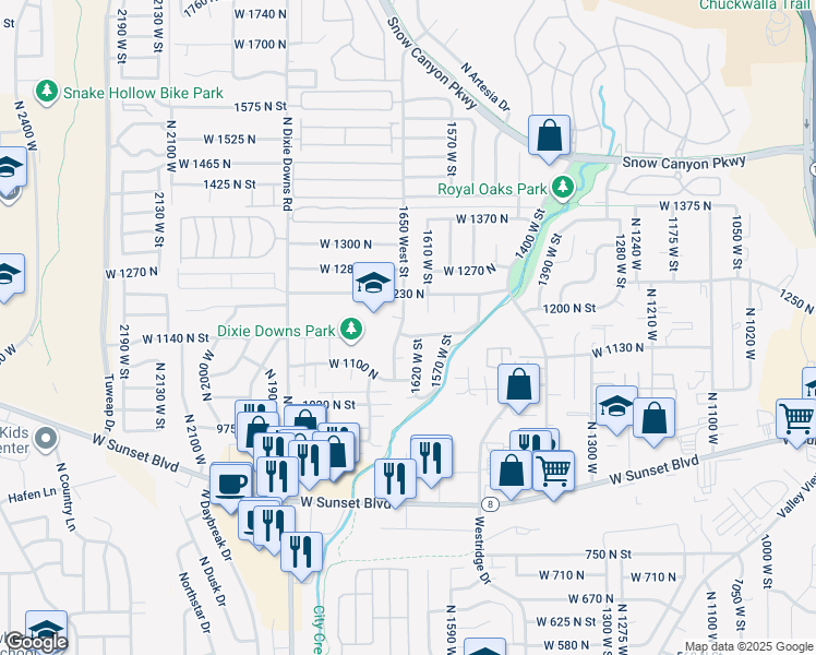 map of restaurants, bars, coffee shops, grocery stores, and more near 1633 West 1170 North in St. George
