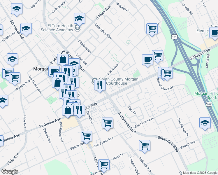 map of restaurants, bars, coffee shops, grocery stores, and more near 17093 Creekside Circle in Morgan Hill