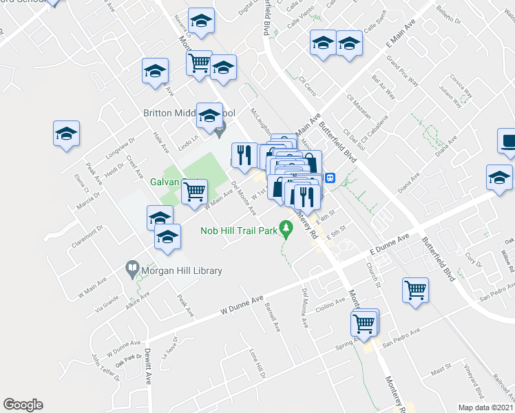 map of restaurants, bars, coffee shops, grocery stores, and more near 84 West 2nd Street in Morgan Hill
