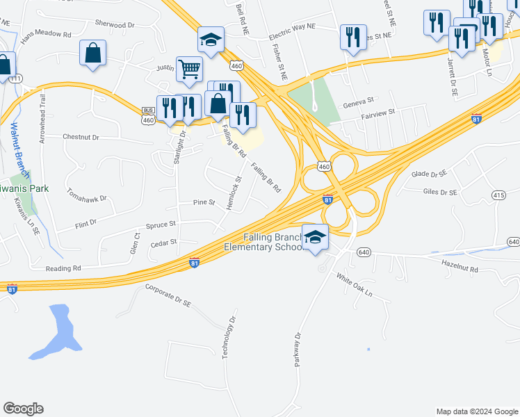 map of restaurants, bars, coffee shops, grocery stores, and more near 130 Kitty Lane in Christiansburg