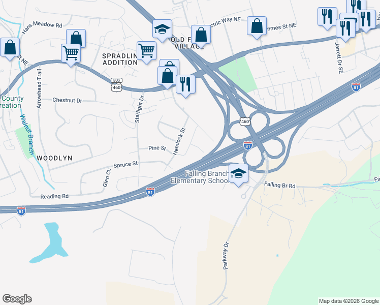 map of restaurants, bars, coffee shops, grocery stores, and more near 355 Huff Heritage Lane in Christiansburg