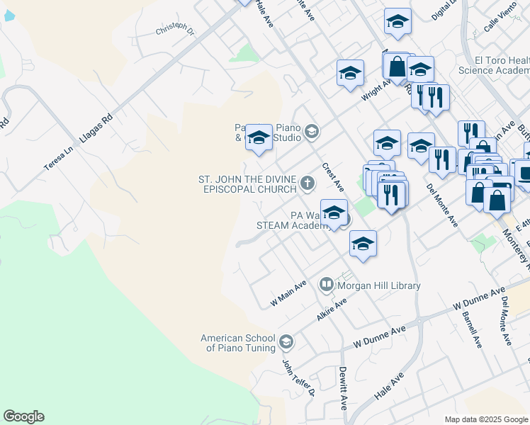 map of restaurants, bars, coffee shops, grocery stores, and more near 17750 Trumpp Court in Morgan Hill