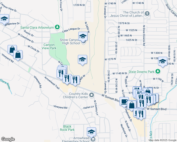 map of restaurants, bars, coffee shops, grocery stores, and more near 1215 North 2400 West in St. George