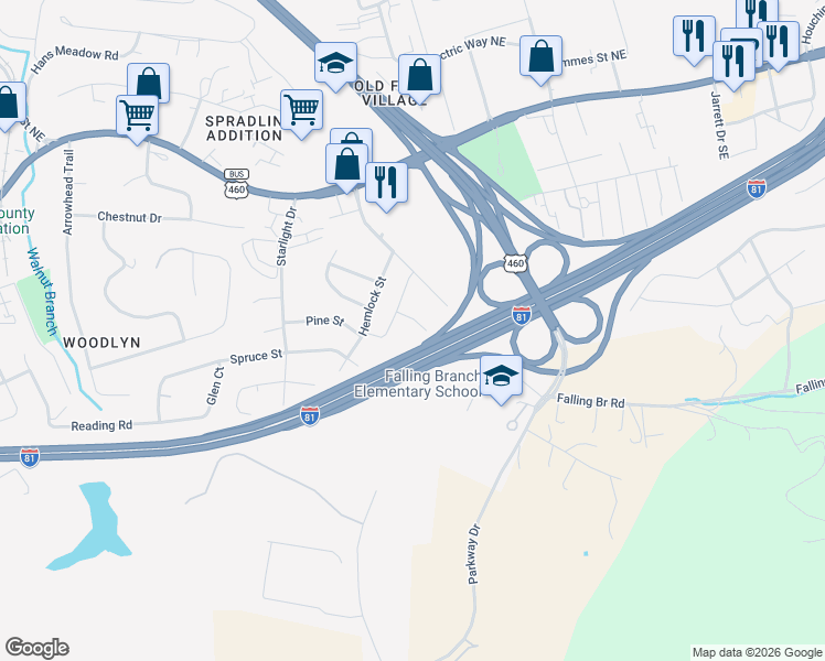 map of restaurants, bars, coffee shops, grocery stores, and more near 170 Kitty Lane in Christiansburg