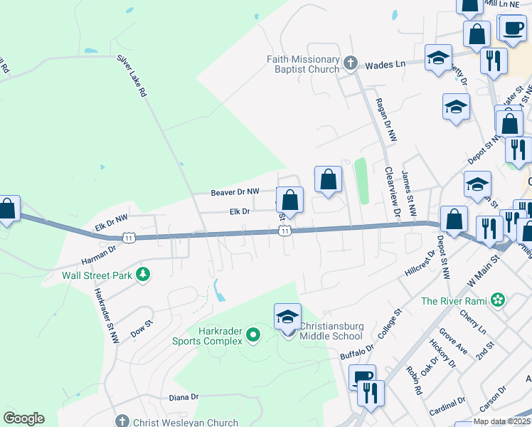 map of restaurants, bars, coffee shops, grocery stores, and more near 940 Elk Drive in Christiansburg