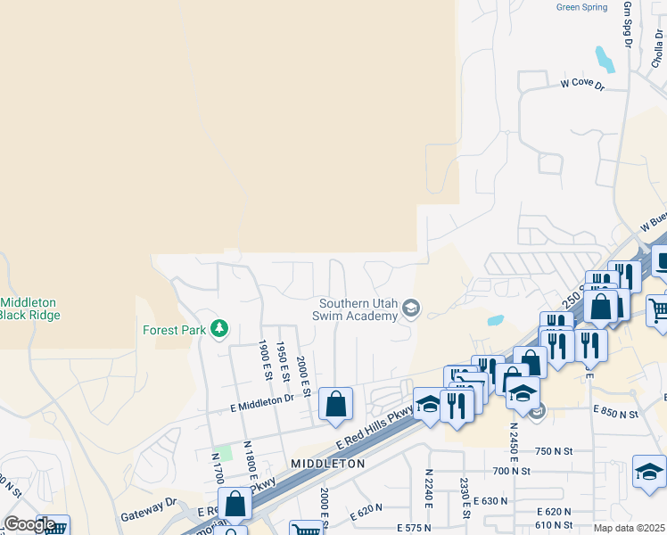 map of restaurants, bars, coffee shops, grocery stores, and more near 2031 East Colorado Drive in St. George