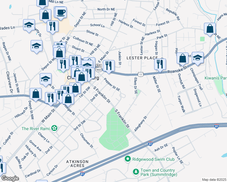 map of restaurants, bars, coffee shops, grocery stores, and more near 160 Darci Drive Southeast in Christiansburg