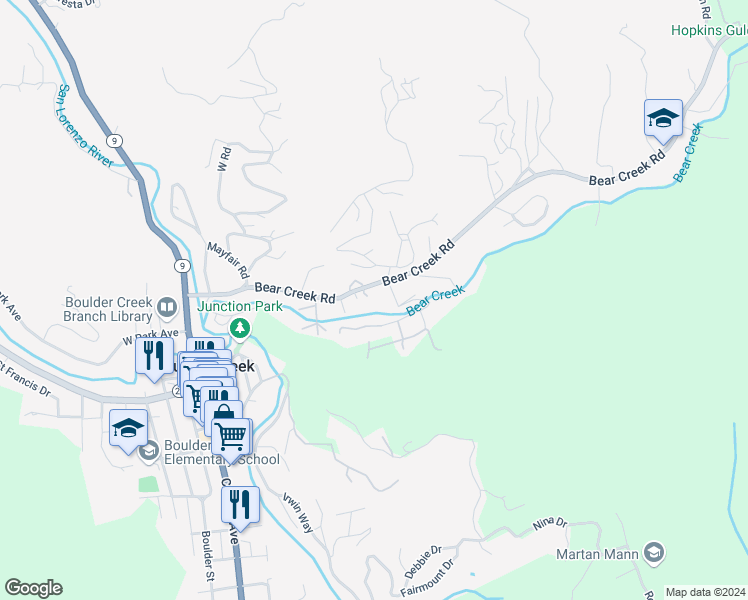 map of restaurants, bars, coffee shops, grocery stores, and more near 135 Irene Avenue in Boulder Creek