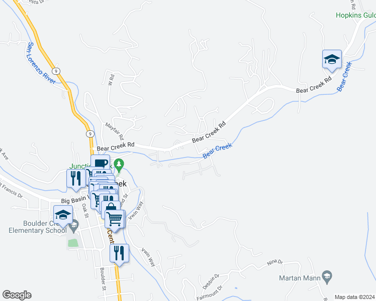 map of restaurants, bars, coffee shops, grocery stores, and more near 135 Irene Avenue in Boulder Creek