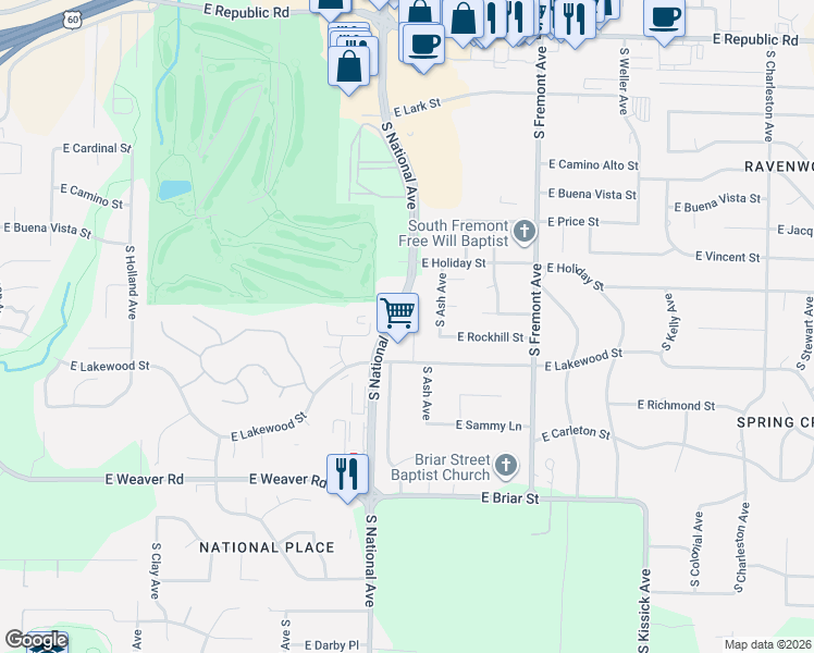 map of restaurants, bars, coffee shops, grocery stores, and more near 4719 South Kickapoo Avenue in Springfield