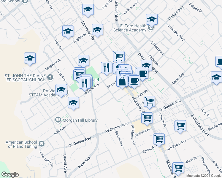 map of restaurants, bars, coffee shops, grocery stores, and more near 17460 Del Monte Avenue in Morgan Hill
