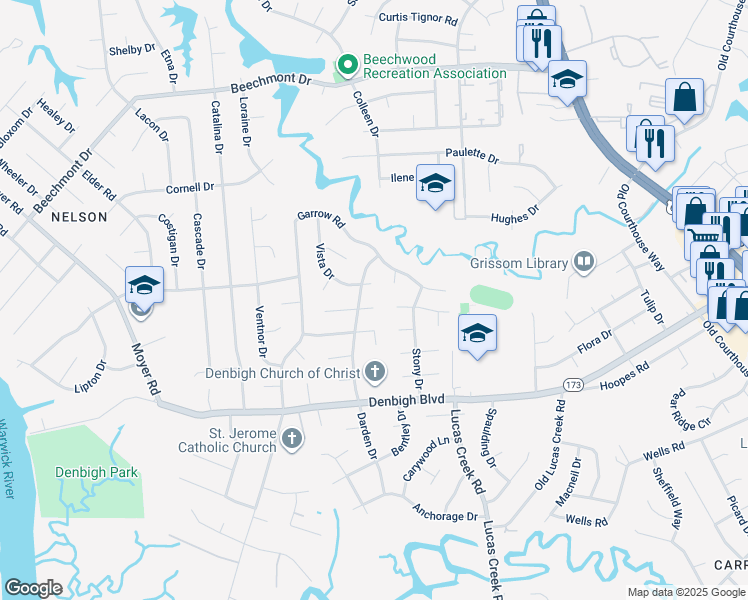map of restaurants, bars, coffee shops, grocery stores, and more near 203 Clifton Court in Newport News